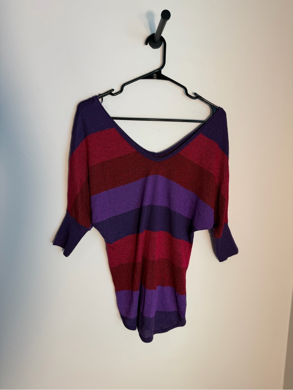 Express Dolman Striped Off the Shoulder Women's Sweater in Plum and Wine